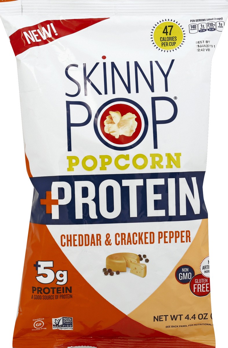 slide 5 of 6, SkinnyPop +Protein White Cheddar & Cracked Pepper Popcorn, 4.4 oz