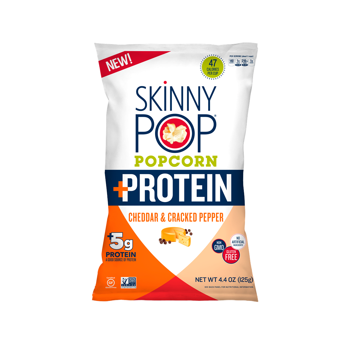 slide 1 of 6, SkinnyPop +Protein White Cheddar & Cracked Pepper Popcorn, 4.4 oz