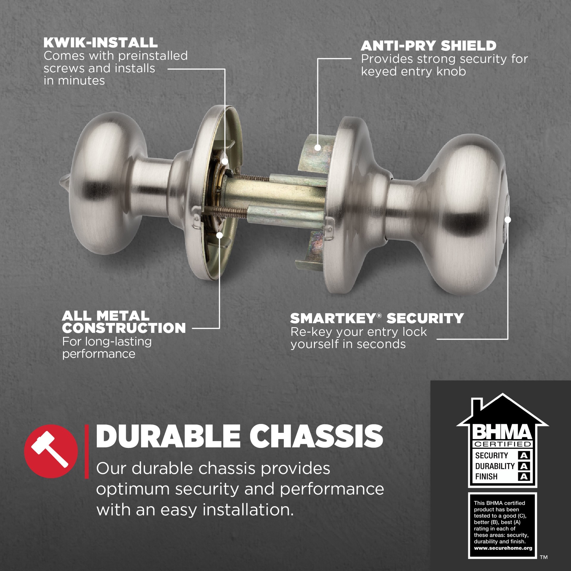 slide 3 of 6, Kwikset Signature Series Juno Satin Nickel Exterior Single-Cylinder Deadbolt and Keyed Entry Door Knob Combo Pack ft. SmartKey Security, 1 ct