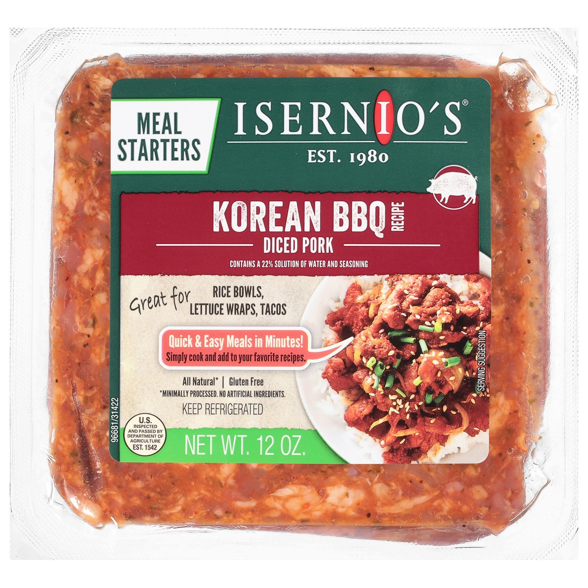 slide 8 of 14, Isernio's Diced Korean BBQ Recipe Pork 12 oz, 12 oz