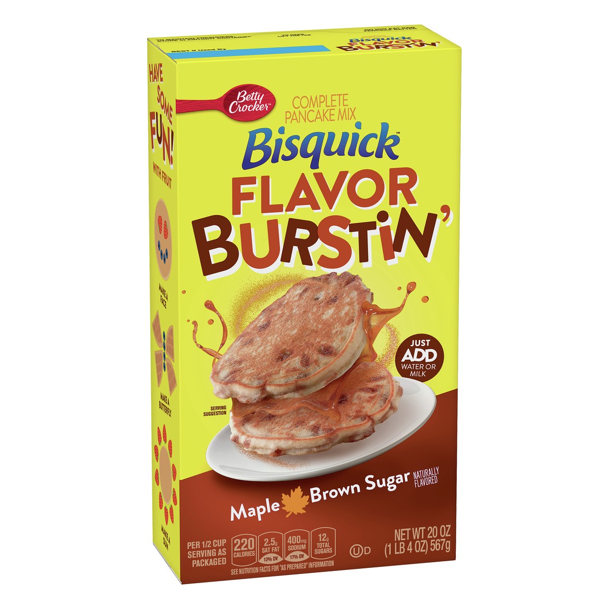 slide 8 of 10, Bisquick Pancake Mix, Complete, Flavor Burstin', Maple Brown Sugar, 20 oz