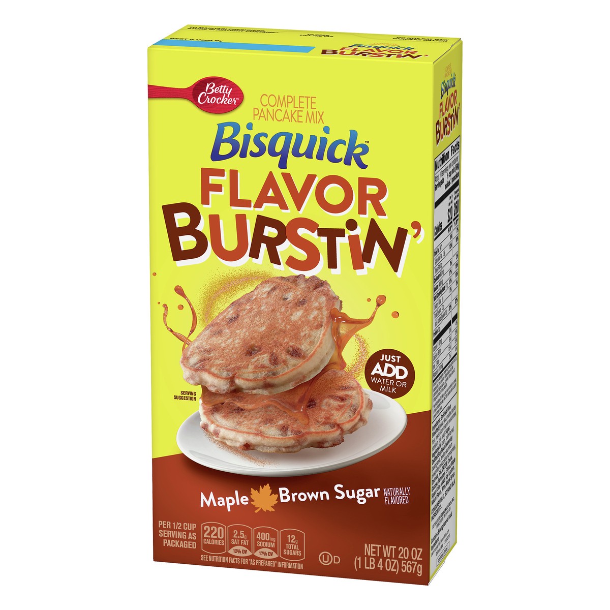 slide 6 of 10, Bisquick Pancake Mix, Complete, Flavor Burstin', Maple Brown Sugar, 20 oz