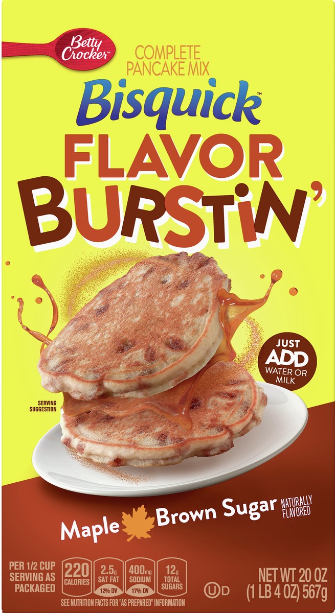 slide 2 of 10, Bisquick Pancake Mix, Complete, Flavor Burstin', Maple Brown Sugar, 20 oz