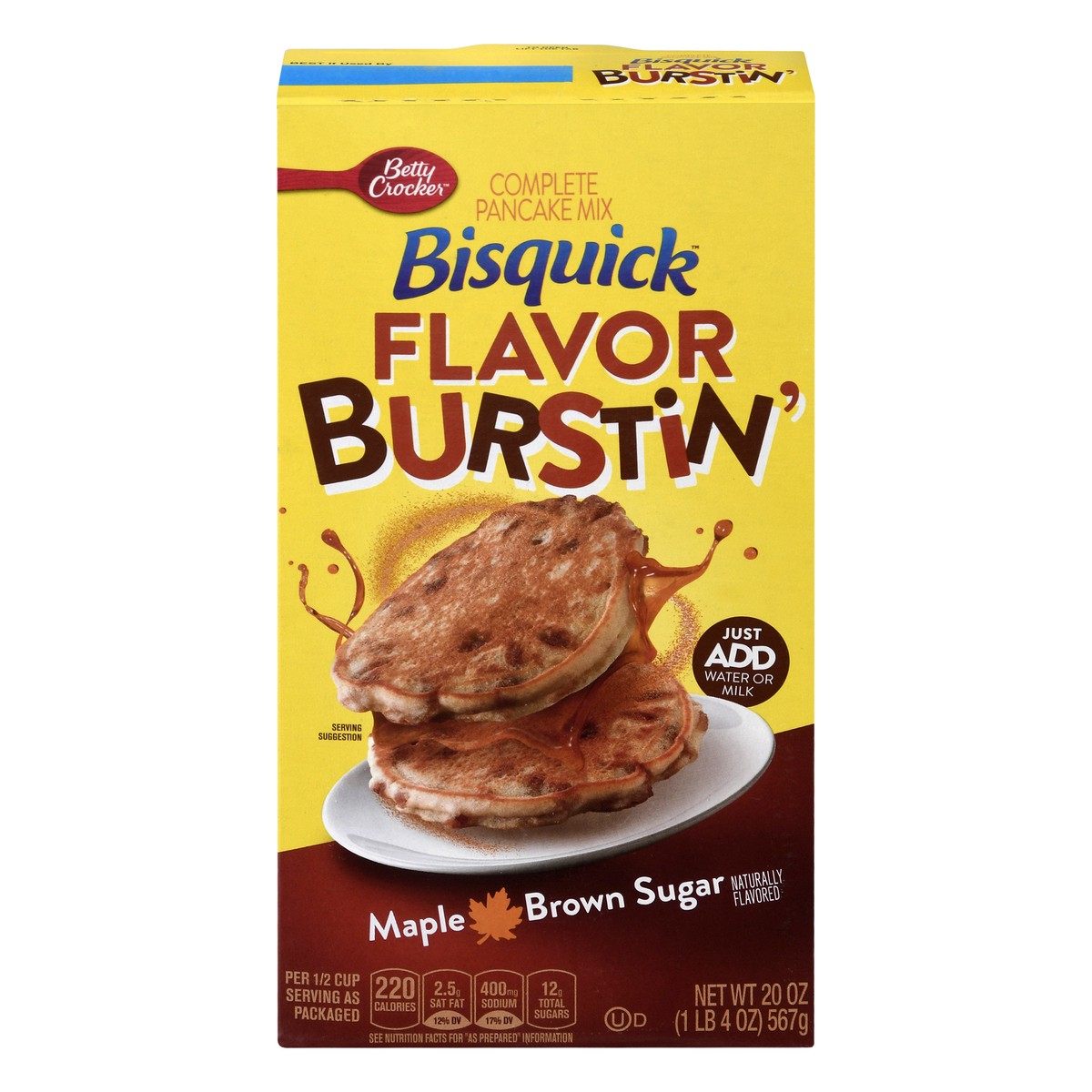 slide 1 of 10, Bisquick Pancake Mix, Complete, Flavor Burstin', Maple Brown Sugar, 20 oz