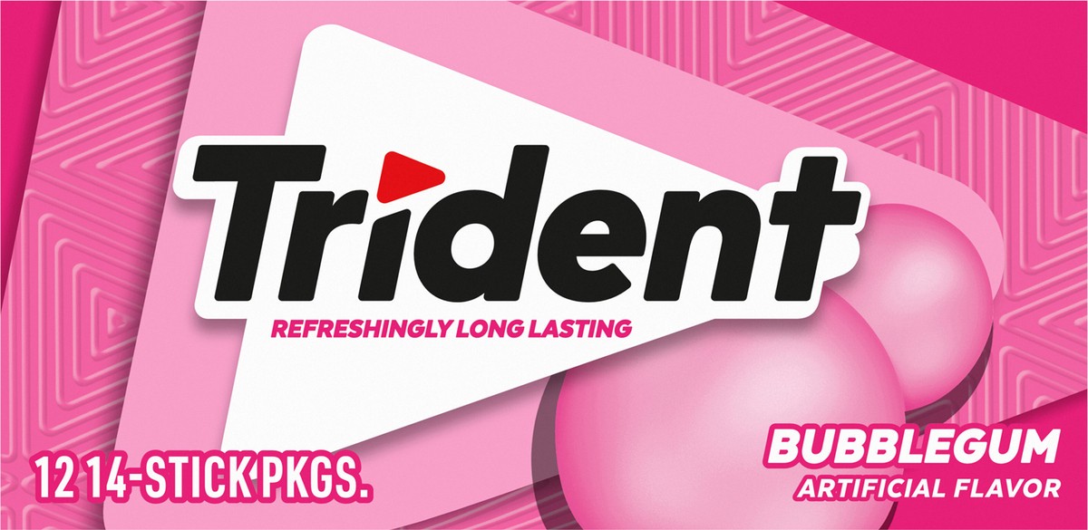 slide 2 of 9, Trident Bubblegum Sugar Free Gum, 12 Packs of 14 Pieces (168 Total Pieces), 11.26 oz