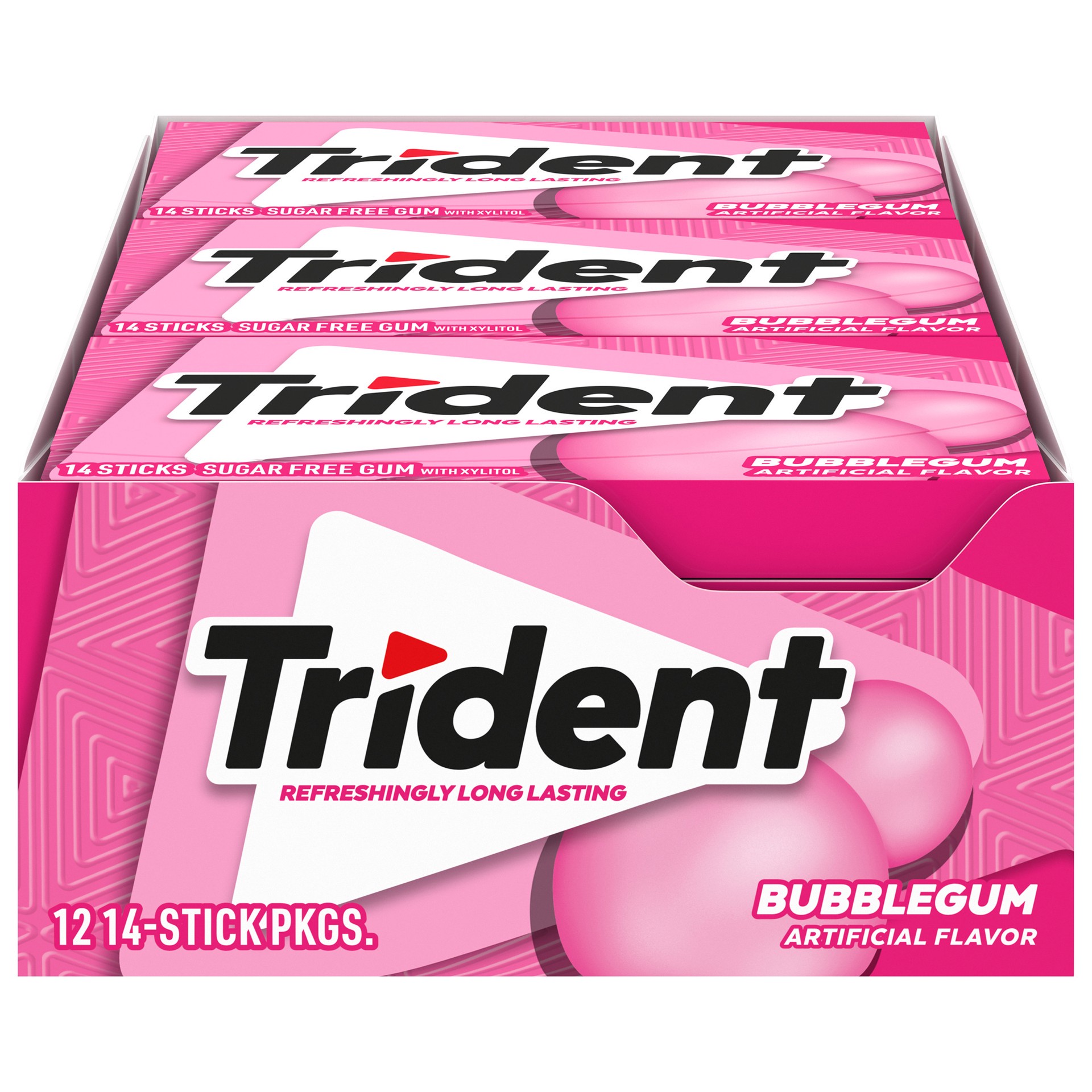 slide 1 of 9, Trident Bubblegum Sugar Free Gum, 12 Packs of 14 Pieces (168 Total Pieces), 11.26 oz