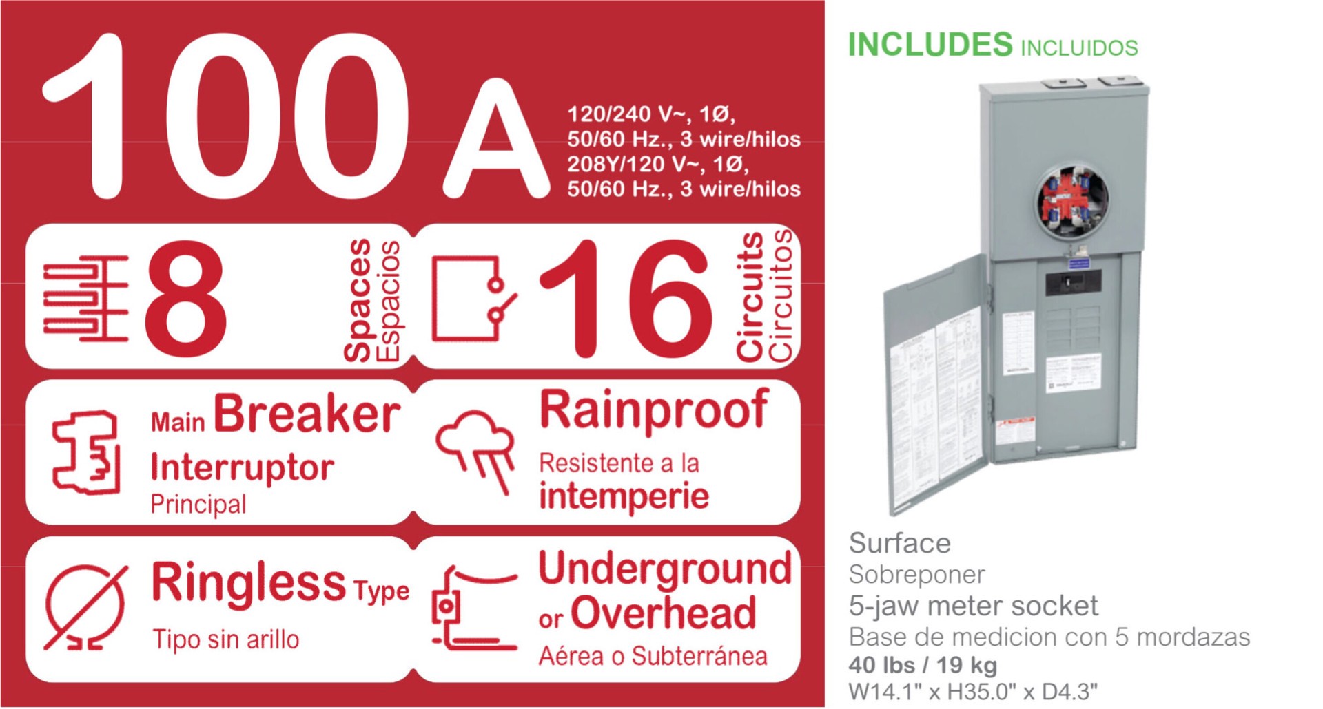slide 3 of 3, Square D Homeline Ringless Overhead/Underground 100 -Amp 8 -Spaces 16 -Circuit Outdoor Main Breaker Meter Combo Load Center, 1 ct