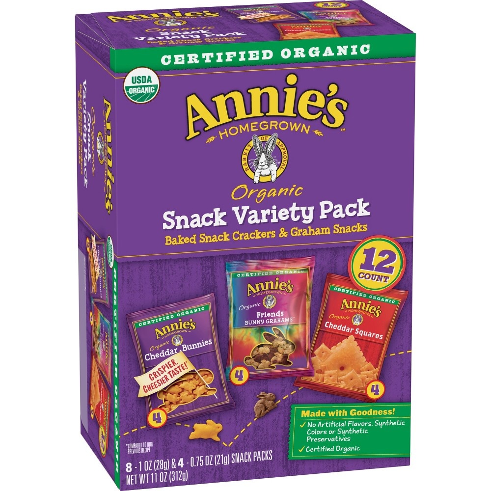 slide 4 of 4, Annie's Organic Variety Pack, Cheddar Bunnies, Bunny Grahams and Cheddar Squares, 12 Pouches, 11 oz, 12 ct