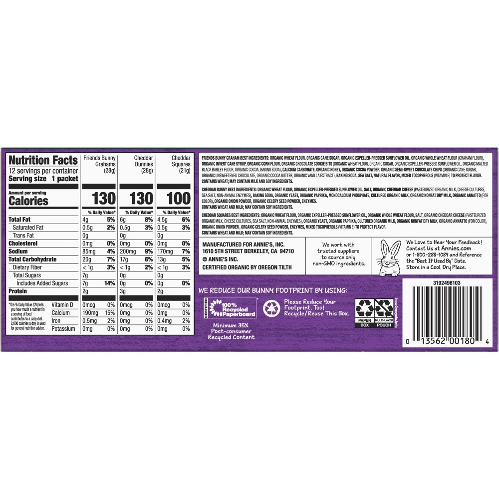 slide 2 of 4, Annie's Organic Variety Pack, Cheddar Bunnies, Bunny Grahams and Cheddar Squares, 12 Pouches, 11 oz, 12 ct