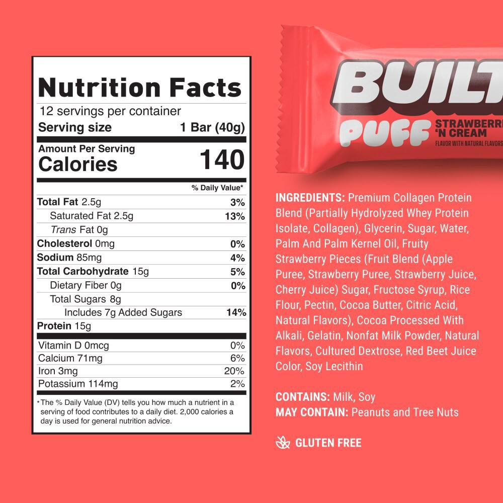 slide 2 of 6, Built™ Strawberries N' Cream Puff Protein Bar, 1 ct