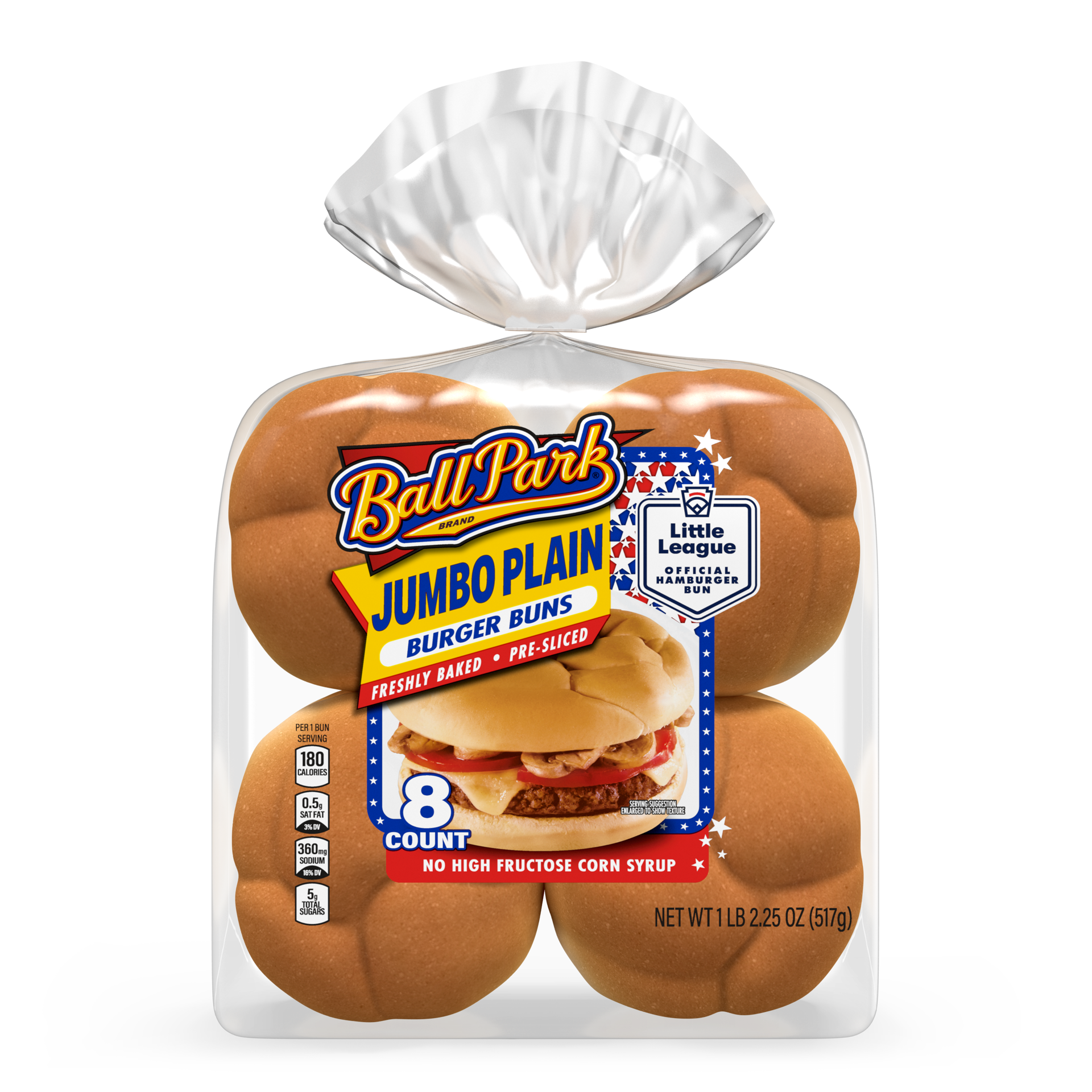 slide 7 of 7, Ball Park Jumbo Plain Burger Buns, 8 count, Soft White Pre-sliced Hamburger Buns, 18.25 oz Bag, 8 ct