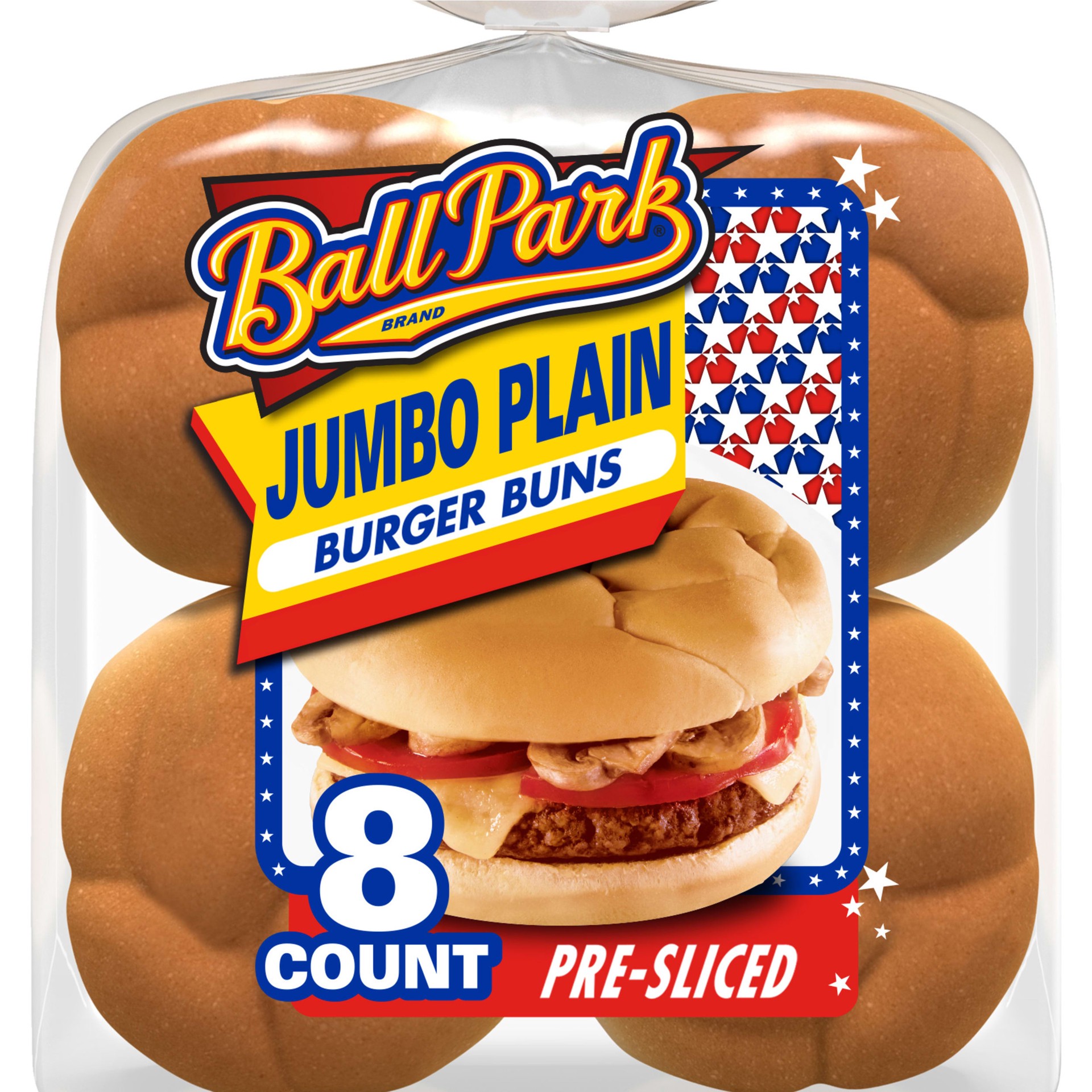 slide 1 of 7, Ball Park Jumbo Plain Burger Buns, 8 count, White Pre-sliced Hamburger Buns, 18.25 oz Bag, 8 ct