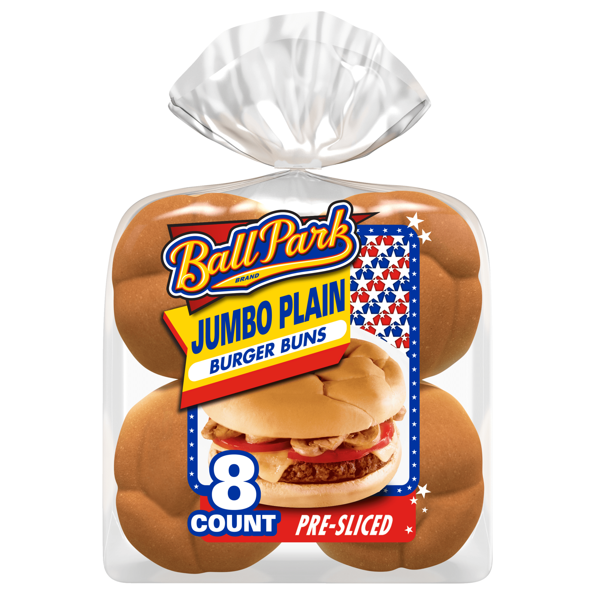 slide 1 of 7, Ball Park Jumbo Plain Burger Buns, 8 count, Soft White Pre-sliced Hamburger Buns, 18.25 oz Bag, 8 ct