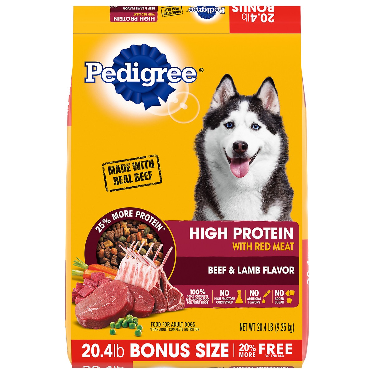 slide 1 of 5, PEDIGREE High Protein Adult Dry Dog Food Beef and Lamb Flavor Dog Kibble, 20.4 lb. Bonus Bag, 1 ct