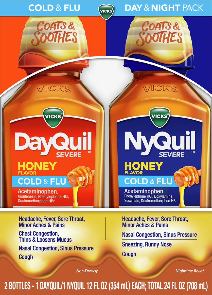 slide 2 of 2, NyQuil Vicks DayQuil & NyQuil Severe Cold & Flu Medicine Liquid - Honey - 24 fl oz, 24 fl oz