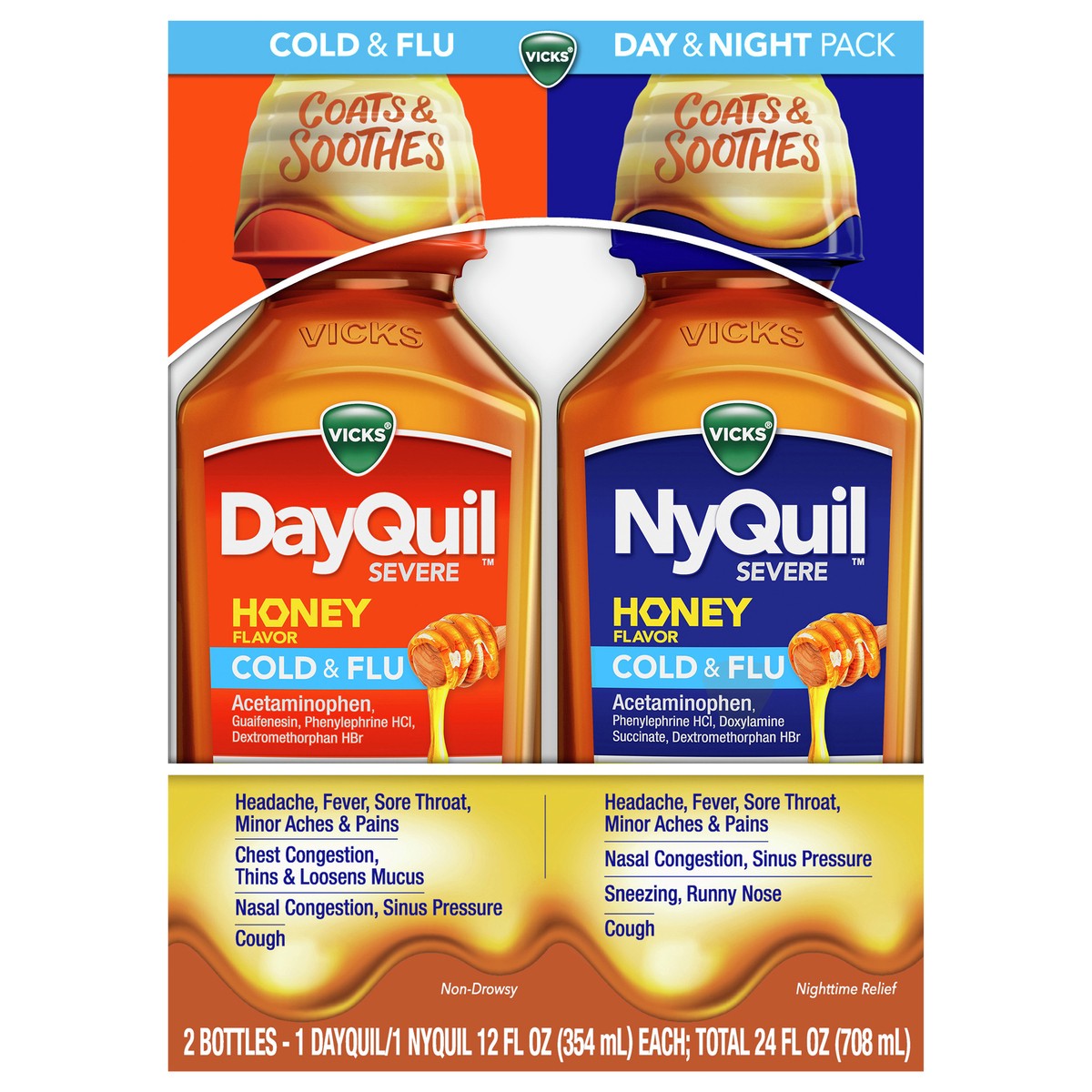 slide 1 of 2, Vicks Severe Dayquil/Nyquil Honey Flavor Cold & Flu Day & Night Pack 2 - 12 fl oz Bottles, 2 ct