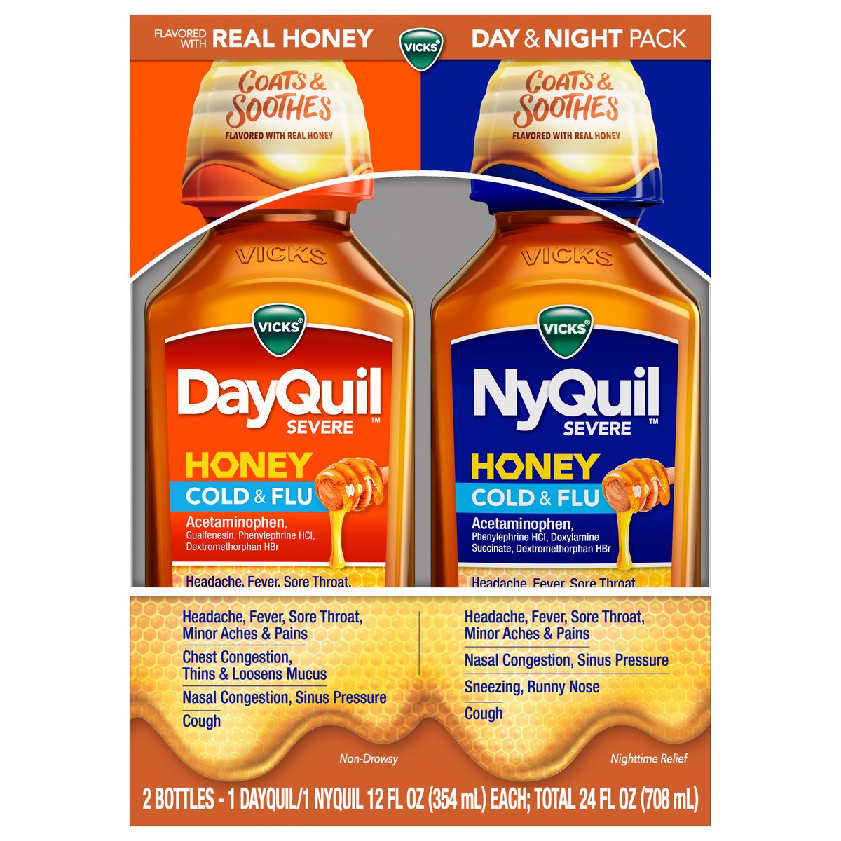 slide 1 of 2, VICKS DayQuil & NyQuil SEVERE Honey Flavor Co-Pack, Cold & Flu Medicine, RelievesHeadache, Fever, Sore Throat, Minor Aches & Pains, Nasal Congestion, Sinus Pressure, Stuffy Nose, and Cough, 2x12oz, 2 ct