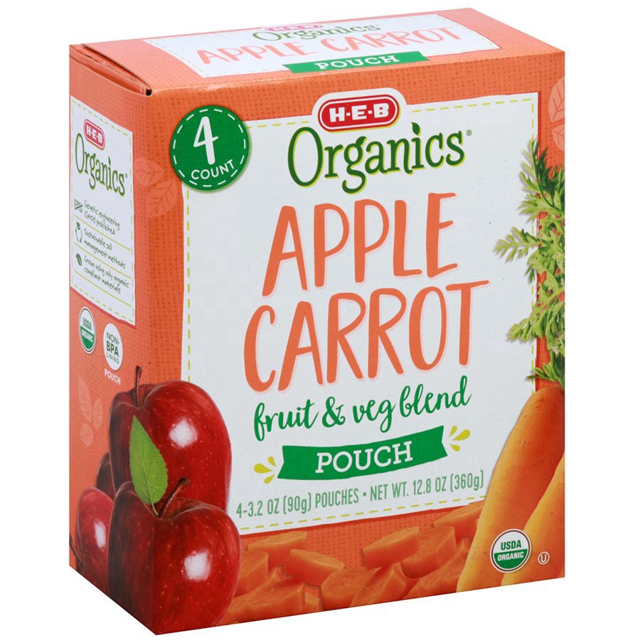 slide 1 of 1, H-E-B Blended Fruit & Veg Pouches – Apple Carrot, 4 ct