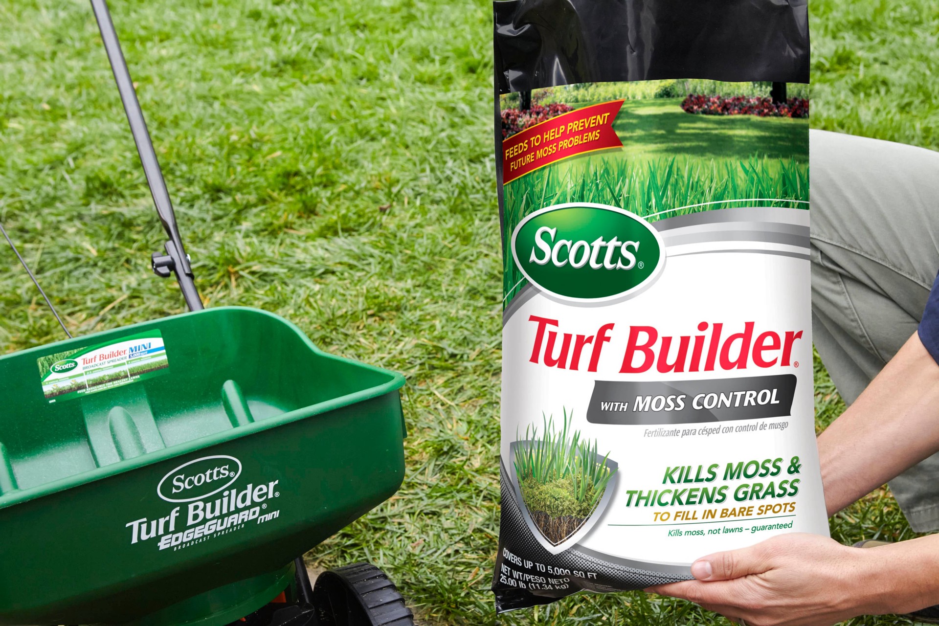 slide 2 of 6, Scotts Turf Builder with Moss Control 25-lb 5000-sq ft 23-0-3 All-purpose Fertilizer, 1 ct