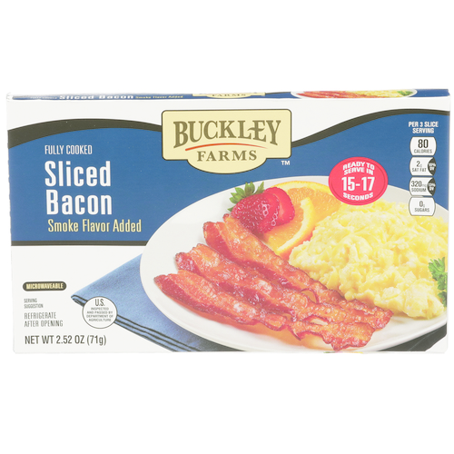 slide 1 of 1, Buckley Farms Smoke Flavor Fully Cooked Sliced Bacon, 2.1 oz