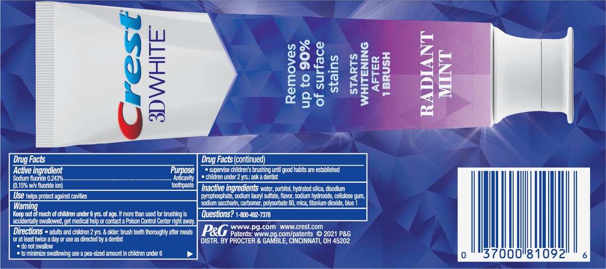 slide 2 of 3, Crest 3D White Fluoride Anticavity Toothpaste, Radiant Mint, 2 ct, 4.1 oz