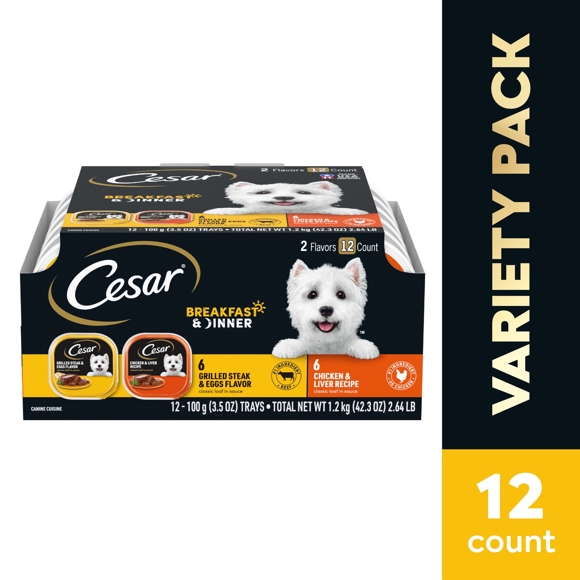 slide 1 of 7, Cesar Breakfast & Dinner Grilled Steak & Eggs Flavor/Chicken & Liver Recipe Canine Cuisine 12 - 3.5 oz Trays, 12 ct