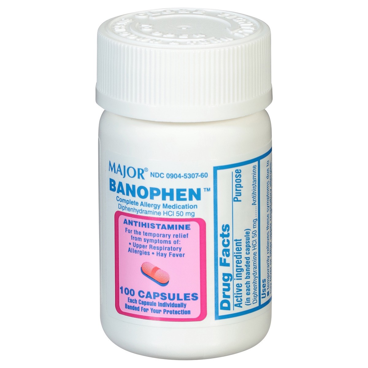 slide 6 of 13, Major 50 mg Banophen 100 Capsules, 50 mg, 100 ct