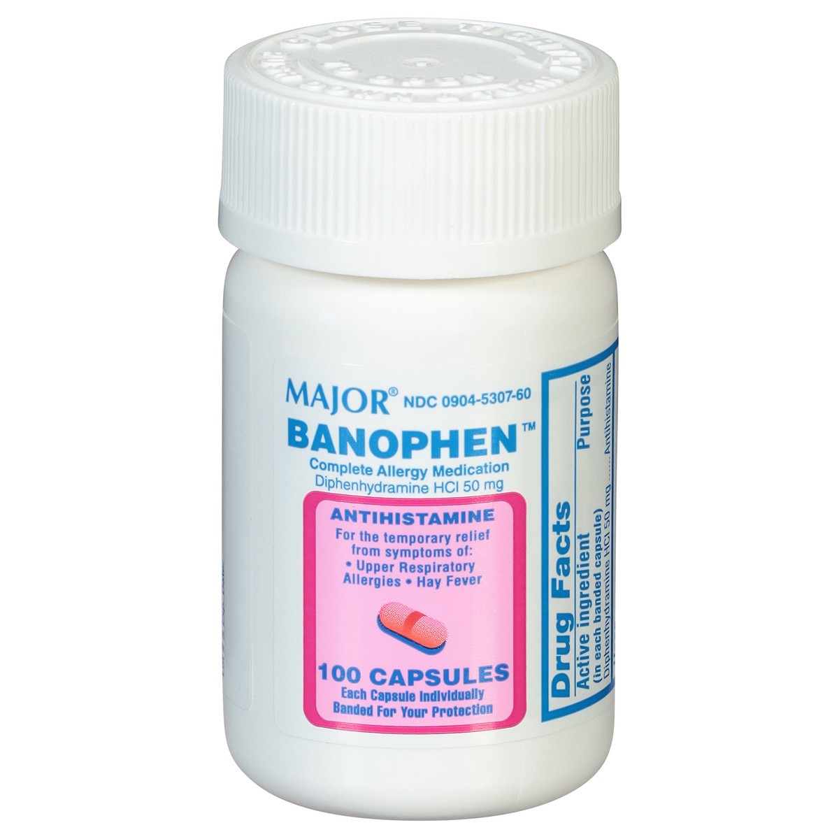 slide 5 of 13, Major 50 mg Banophen 100 Capsules, 50 mg, 100 ct
