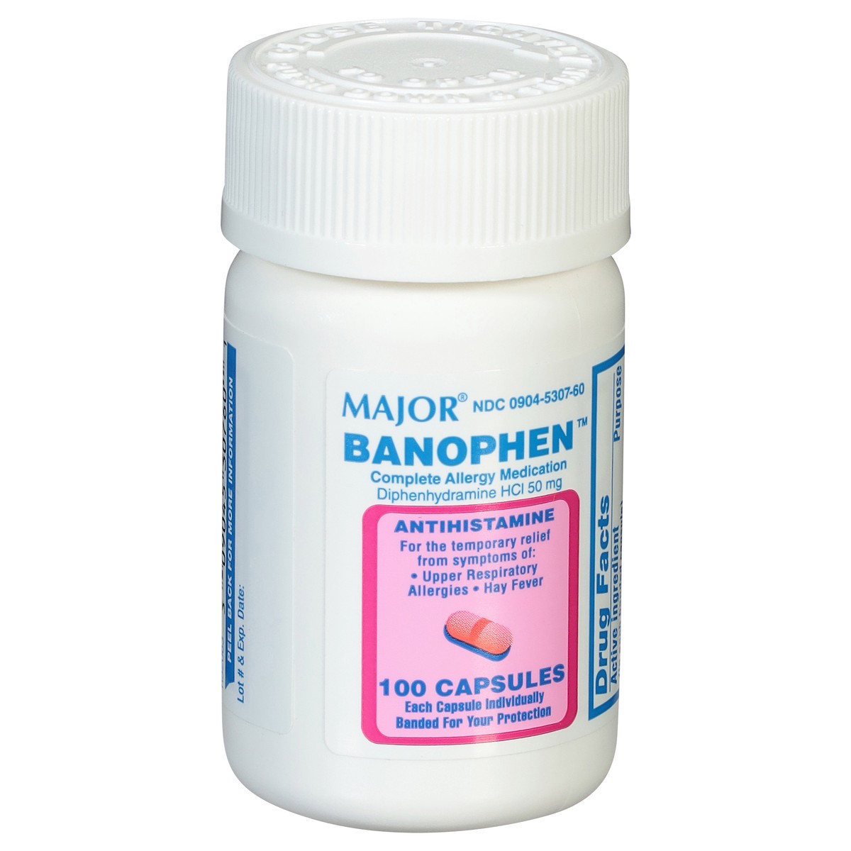 slide 9 of 13, Major 50 mg Banophen 100 Capsules, 50 mg, 100 ct