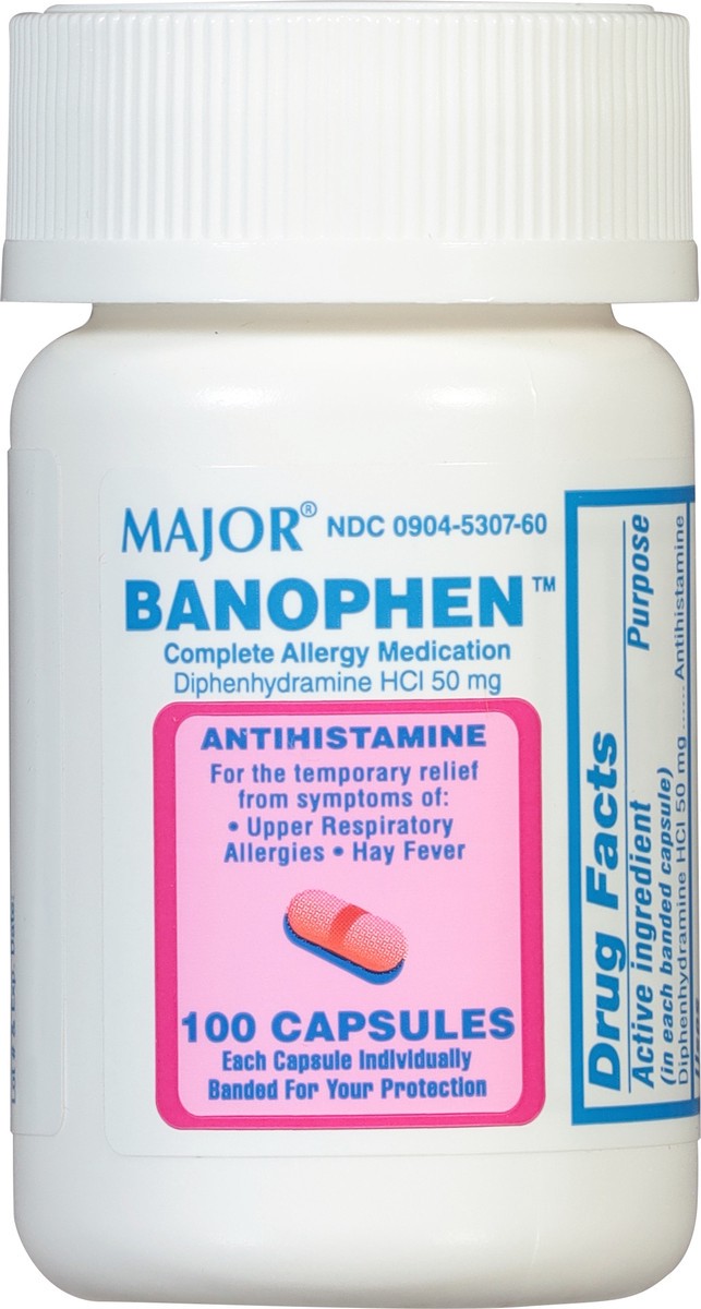 slide 13 of 13, Major 50 mg Banophen 100 Capsules, 50 mg, 100 ct