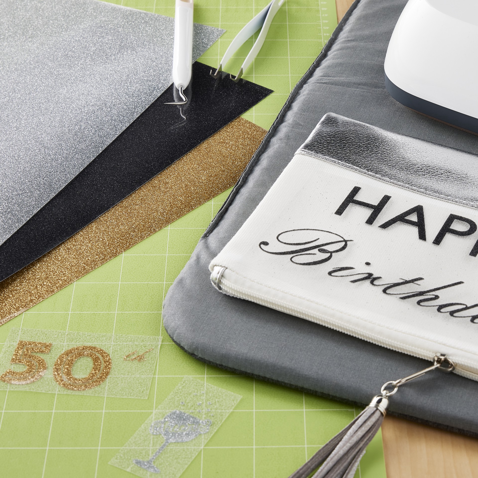 slide 3 of 3, Cricut Glitter Iron-On Basics Sampler, 12" X 12", 12 in x 12 in