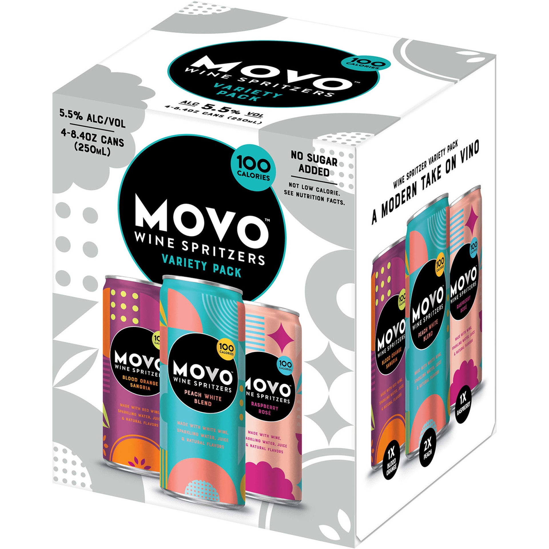 slide 3 of 5, Movo Variety Pack MOVO Wine Spritzers Variety Pack, Gluten Free Alcohol, 5.5% ABV, 4-pack, 8.4-oz wine cans, 4 ct; 8.4 oz