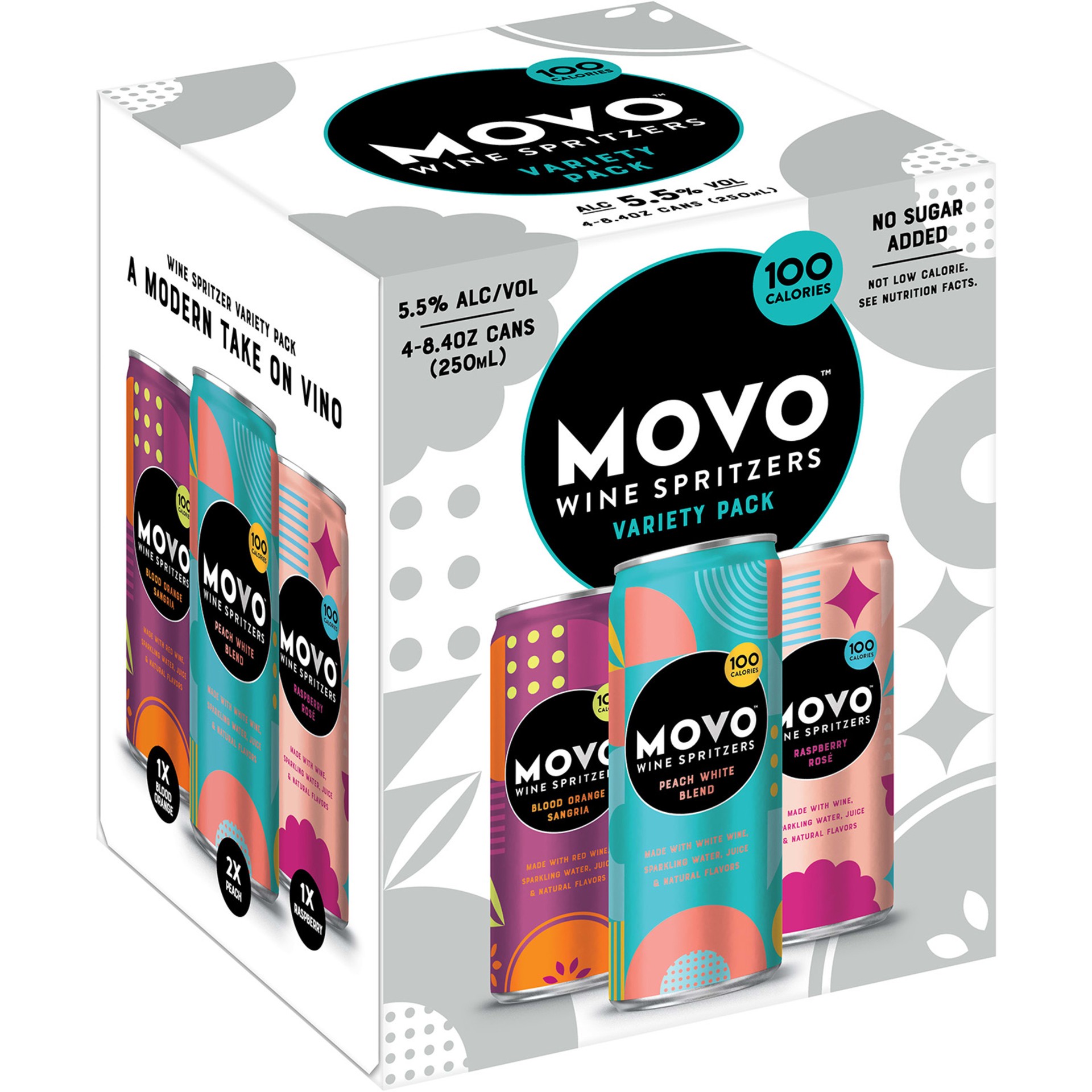 slide 2 of 5, Movo Variety Pack MOVO Wine Spritzers Variety Pack, Gluten Free Alcohol, 5.5% ABV, 4-pack, 8.4-oz wine cans, 4 ct; 8.4 oz