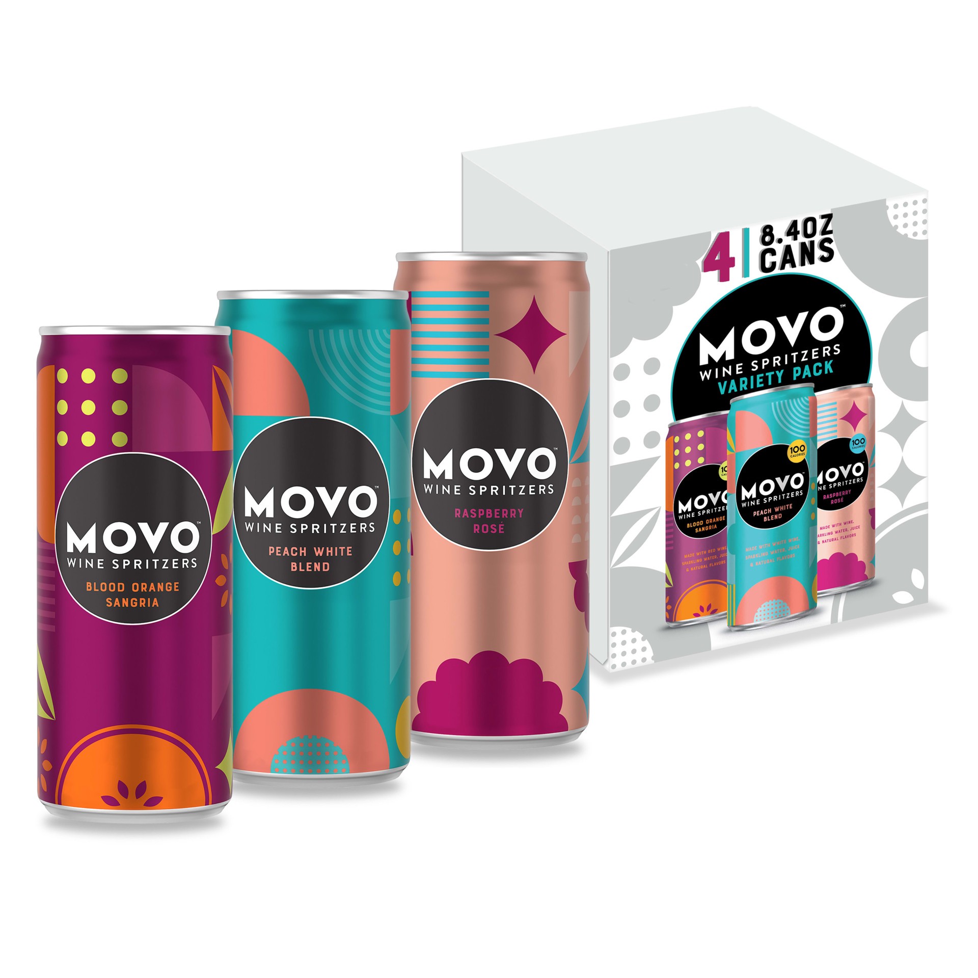 slide 1 of 5, Movo Variety Pack MOVO Wine Spritzers Variety Pack, Gluten Free Alcohol, 5.5% ABV, 4-pack, 8.4-oz wine cans, 4 ct; 8.4 oz