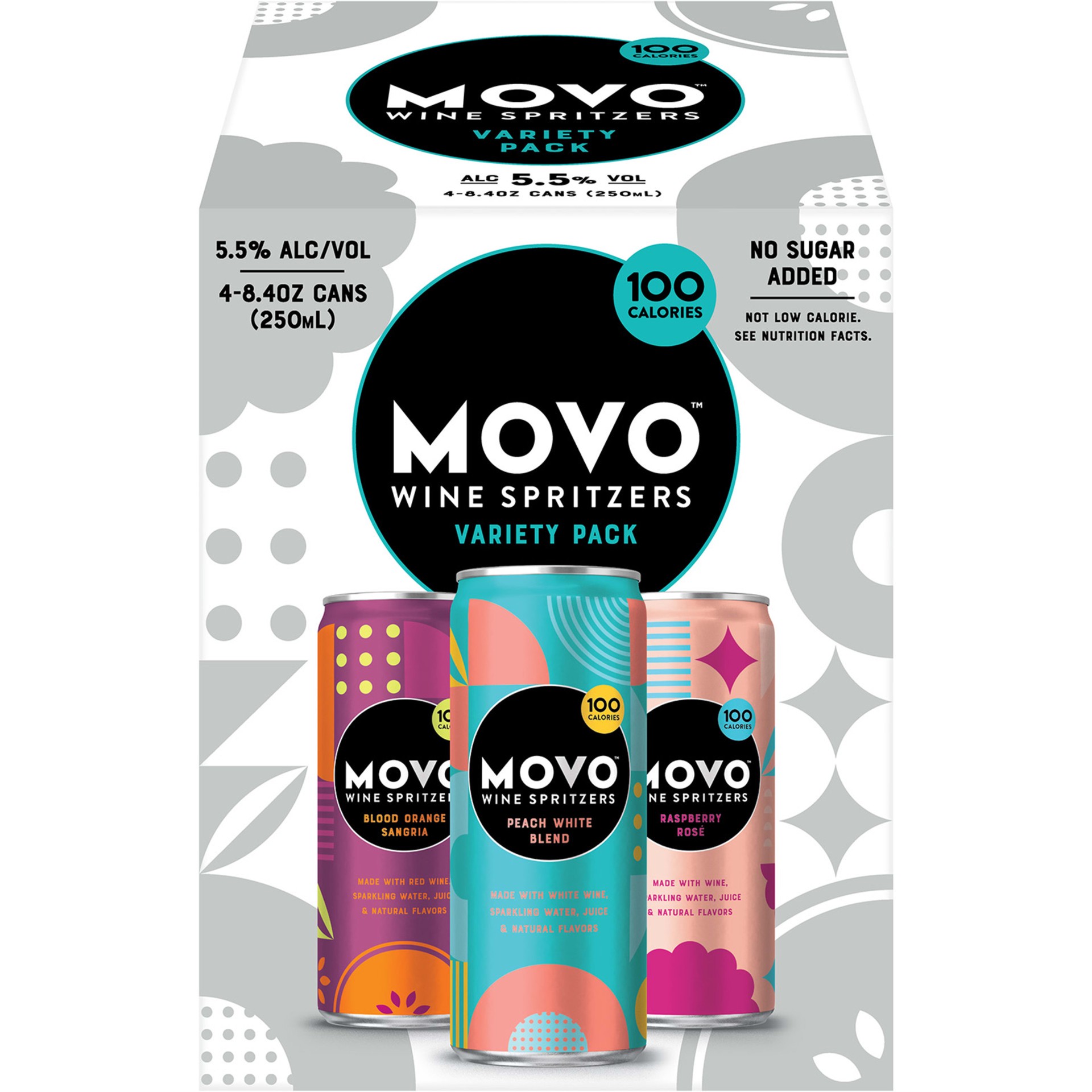 slide 5 of 5, Movo Variety Pack MOVO Wine Spritzers Variety Pack, Gluten Free Alcohol, 5.5% ABV, 4-pack, 8.4-oz wine cans, 4 ct; 8.4 oz