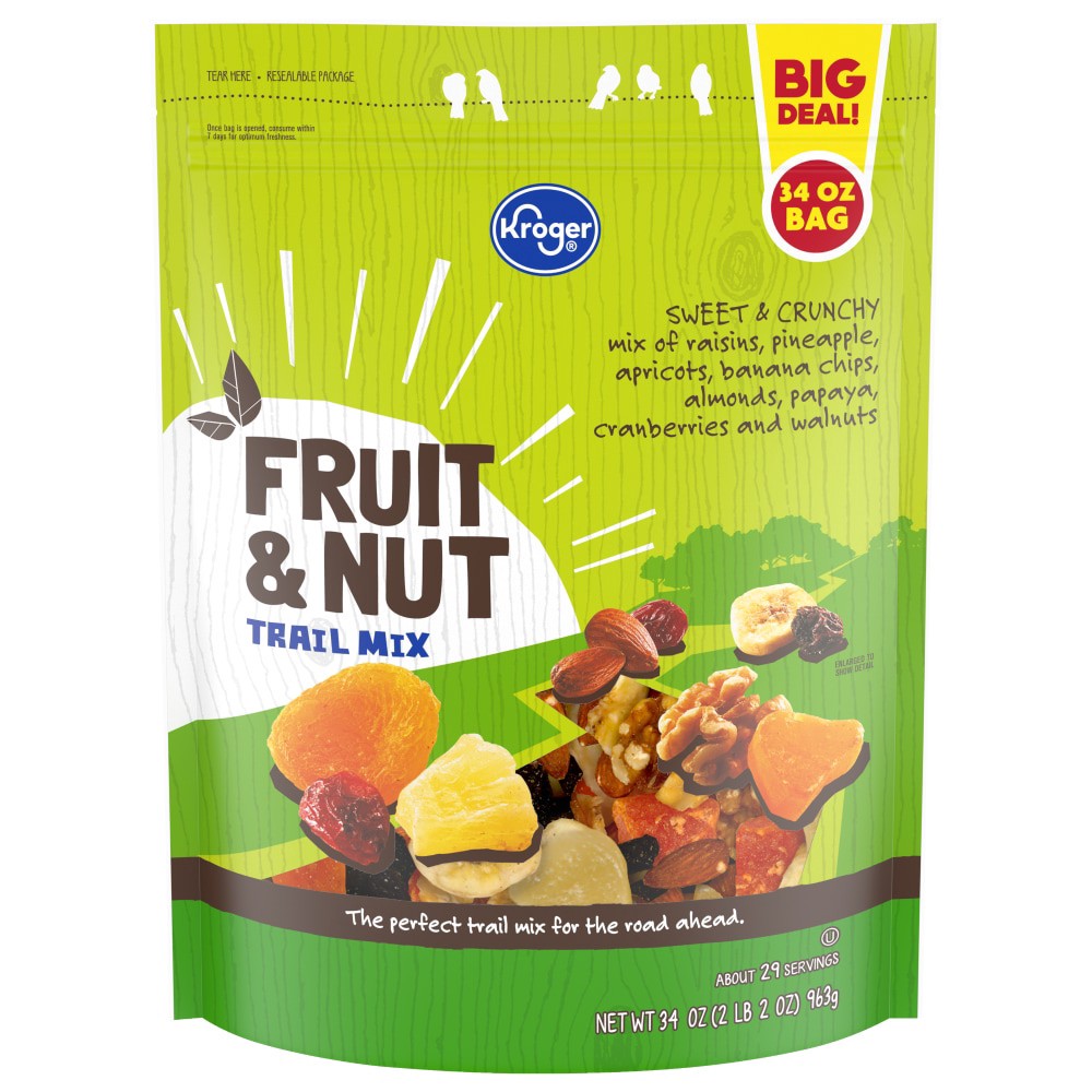 slide 1 of 4, Kroger Fruit & Nut Trail Mix, 34 oz