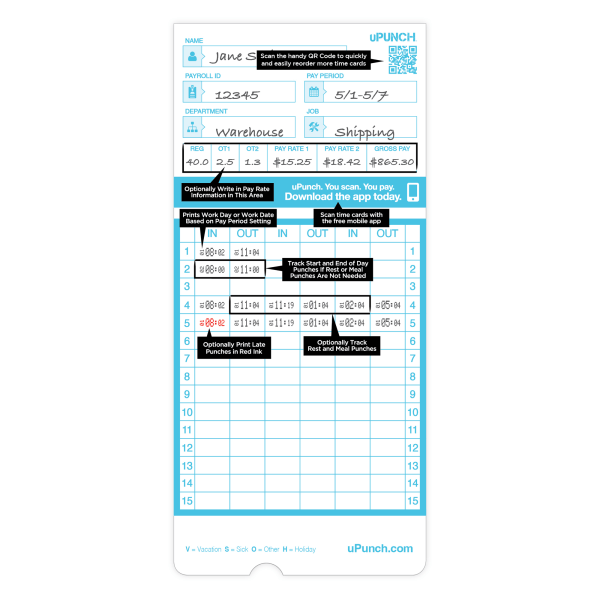 slide 3 of 3, Upunch Pay-To-Punch Time Cards For Sb1200 Time Clock, 3-7/16"" X 7-7/16"", Pack Of 100 Cards, 100 ct
