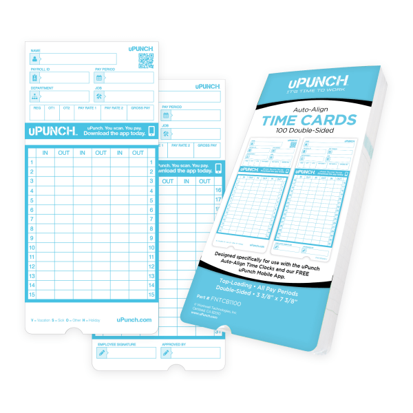 slide 1 of 3, Upunch Pay-To-Punch Time Cards For Sb1200 Time Clock, 3-7/16"" X 7-7/16"", Pack Of 100 Cards, 100 ct