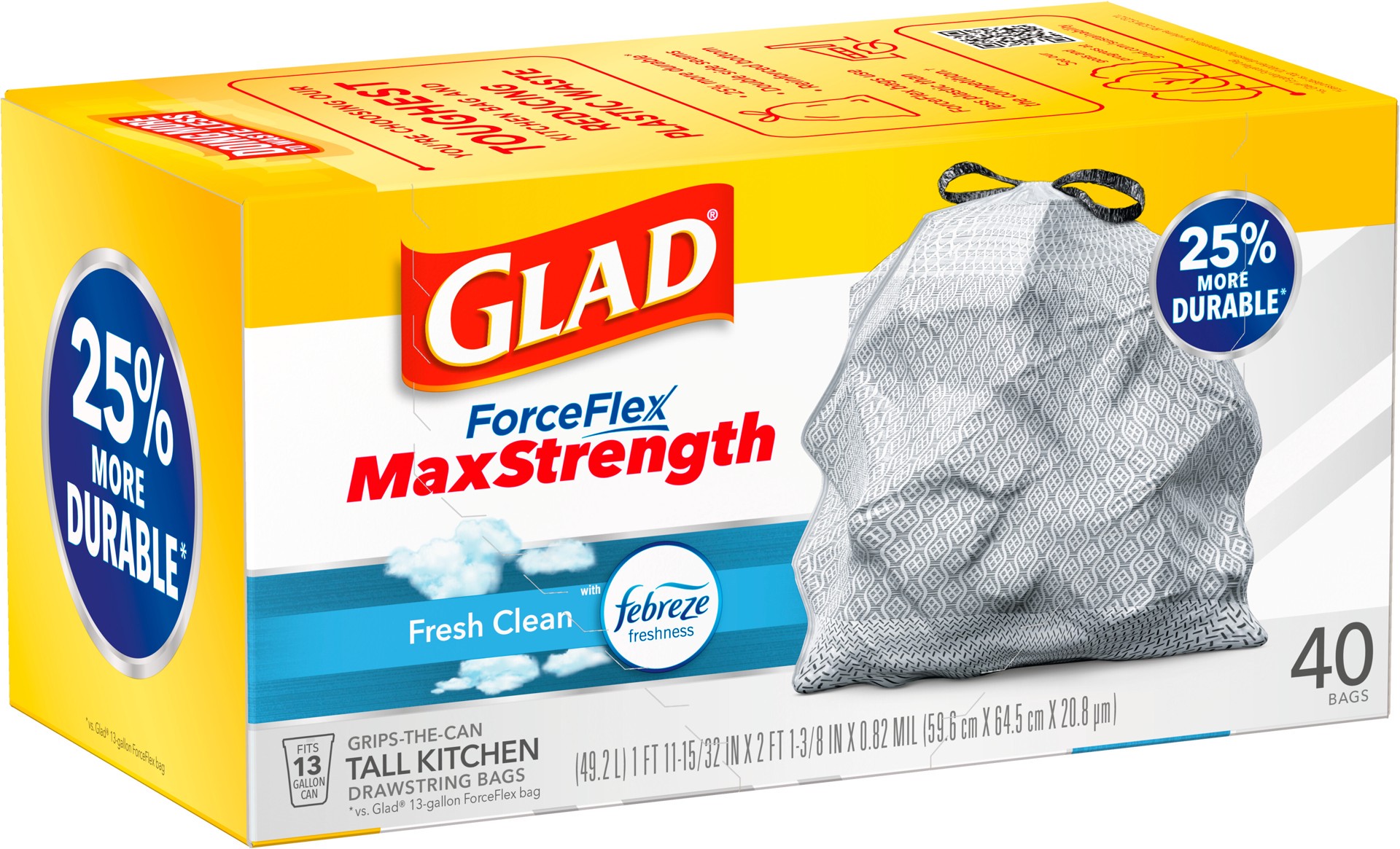 slide 5 of 5, Glad ForceFlex MaxStrength Tall Kitchen Drawstring Trash Bags, 13 Gallon, Fresh Clean Scent with Febreze Freshness, 40 Count, 40 ct