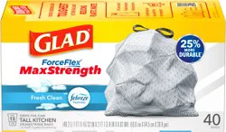 Glad ForceFlex MaxStrength Tall Kitchen Drawstring Trash Bags, 13 Gallon, Fresh Clean Scent with Febreze Freshness, 40 Count