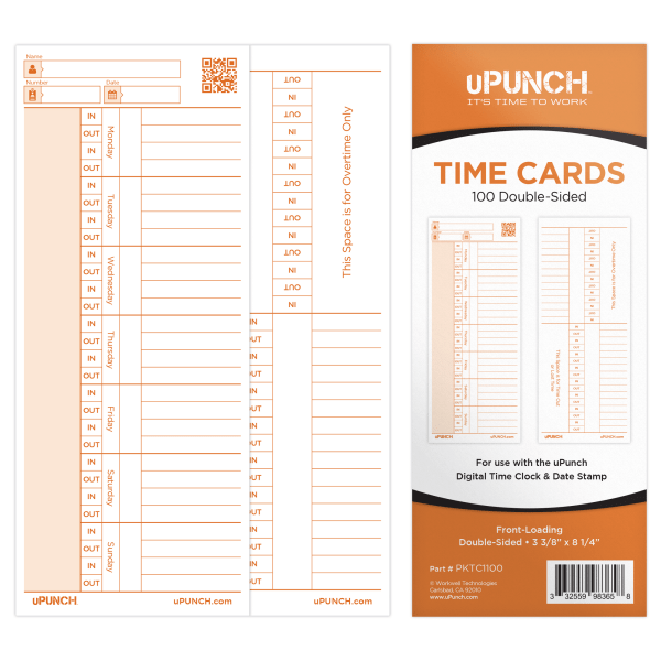 slide 1 of 3, Upunch Time Cards For Pk1100 Time Clock, 3-7/16"" X 8-1/4"", Pack Of 100 Cards, 100 ct