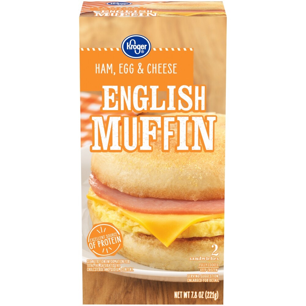 slide 1 of 1, Kroger Ham, Egg & Cheese English Muffin Sandwiches, 2 ct; 4.6 oz