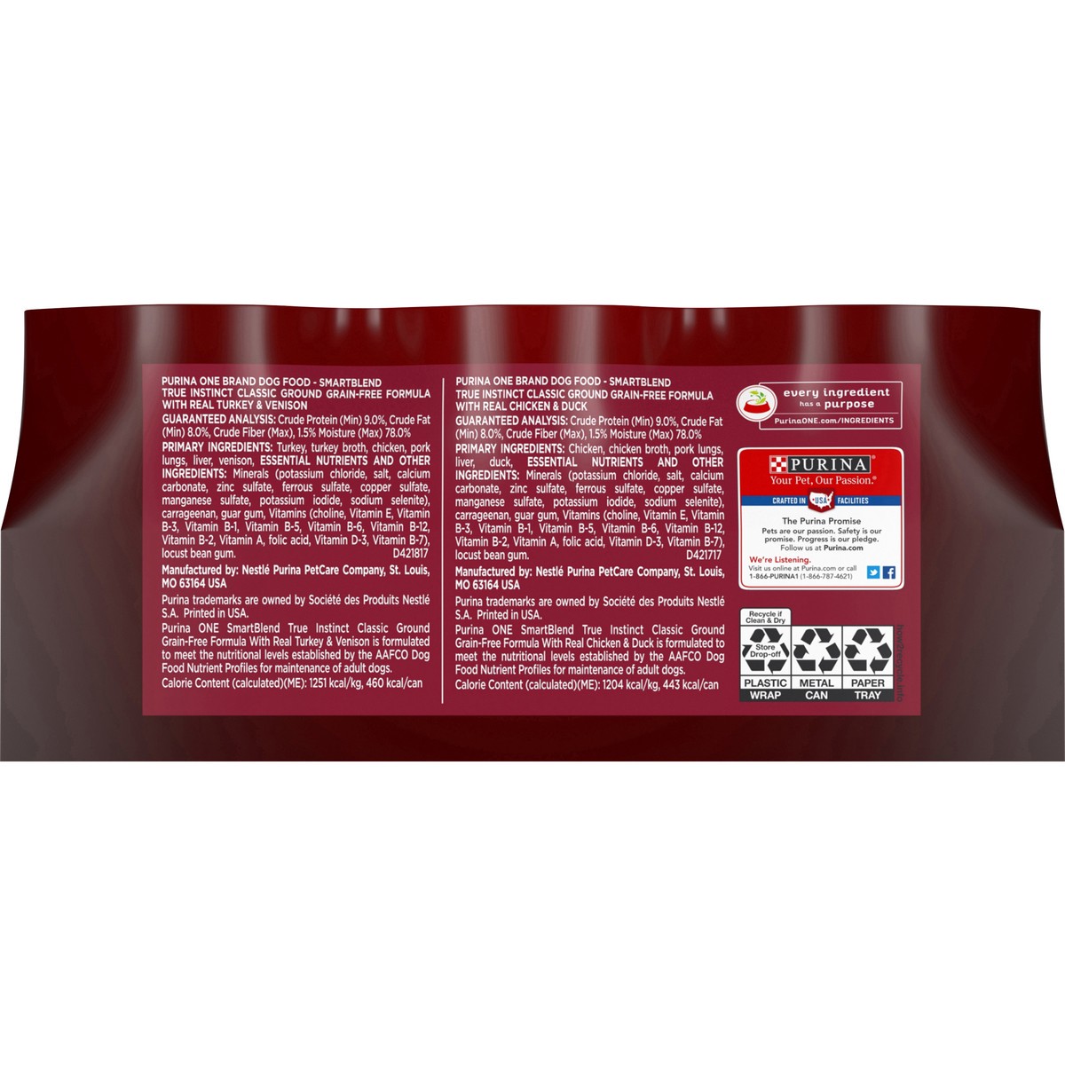 slide 4 of 9, ONE Purina ONE True Instinct Classic Ground Grain-Free Formulas With Real Turkey and Venison, and With Real Chicken and Duck High Protein Wet Dog Food Variety Pack, 4.88 lb