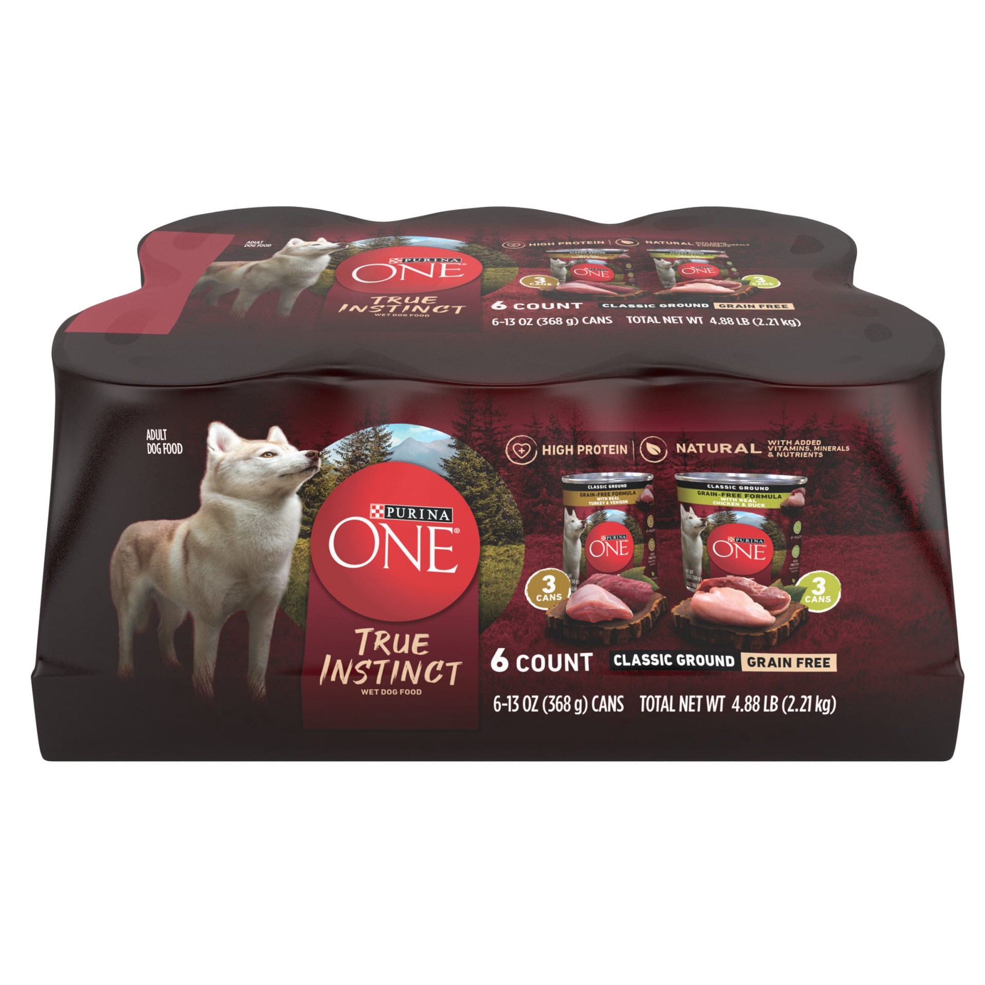 slide 1 of 9, ONE Purina ONE True Instinct Classic Ground Grain-Free Formulas With Real Turkey and Venison, and With Real Chicken and Duck High Protein Wet Dog Food Variety Pack, 4.88 lb