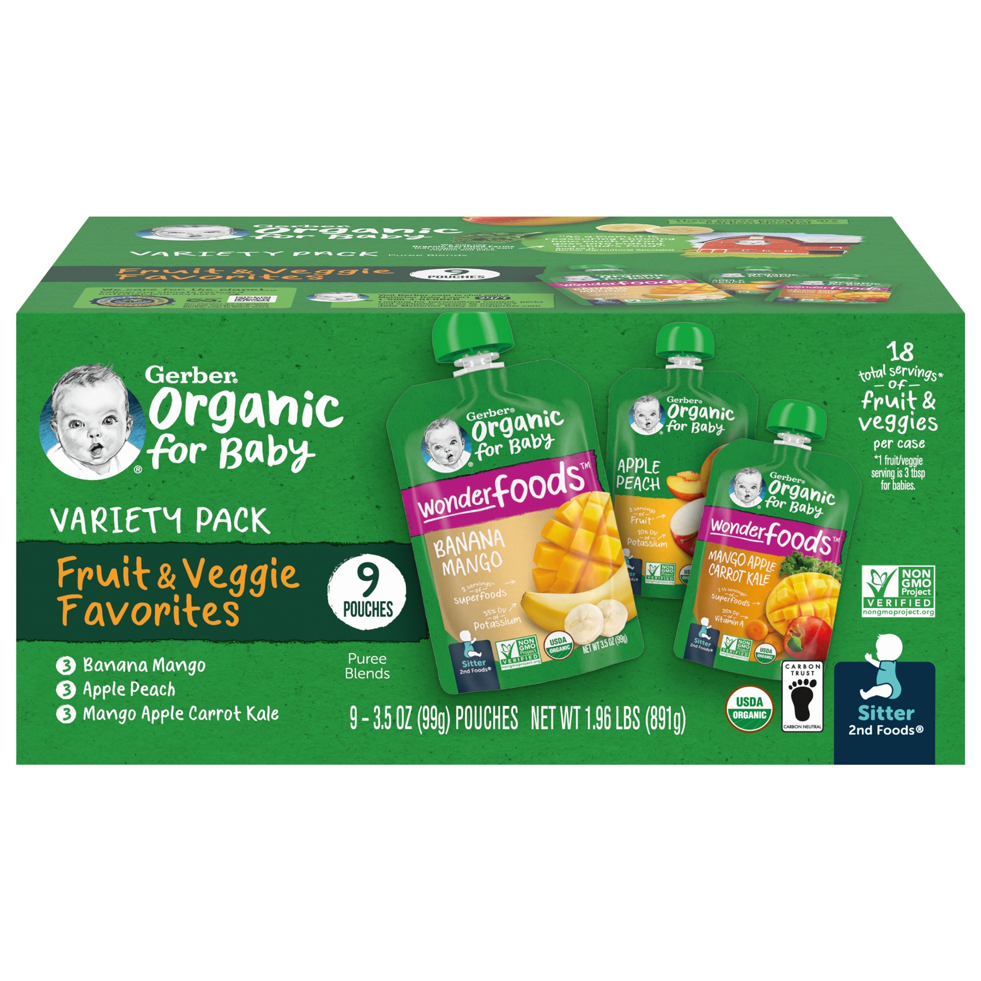 slide 1 of 5, Gerber 2nd Foods Organic for Baby Fruit and Veggie Favorites, Variety Pack, 3.5 oz Pouch (9 Pack), 9 ct