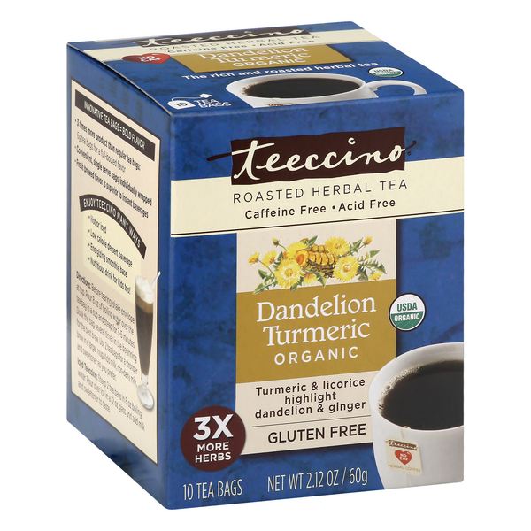 slide 1 of 1, Teeccino Herbal Tea, Roasted, Organic, Dandelion Turmeric, Tea Bags, 10 ct
