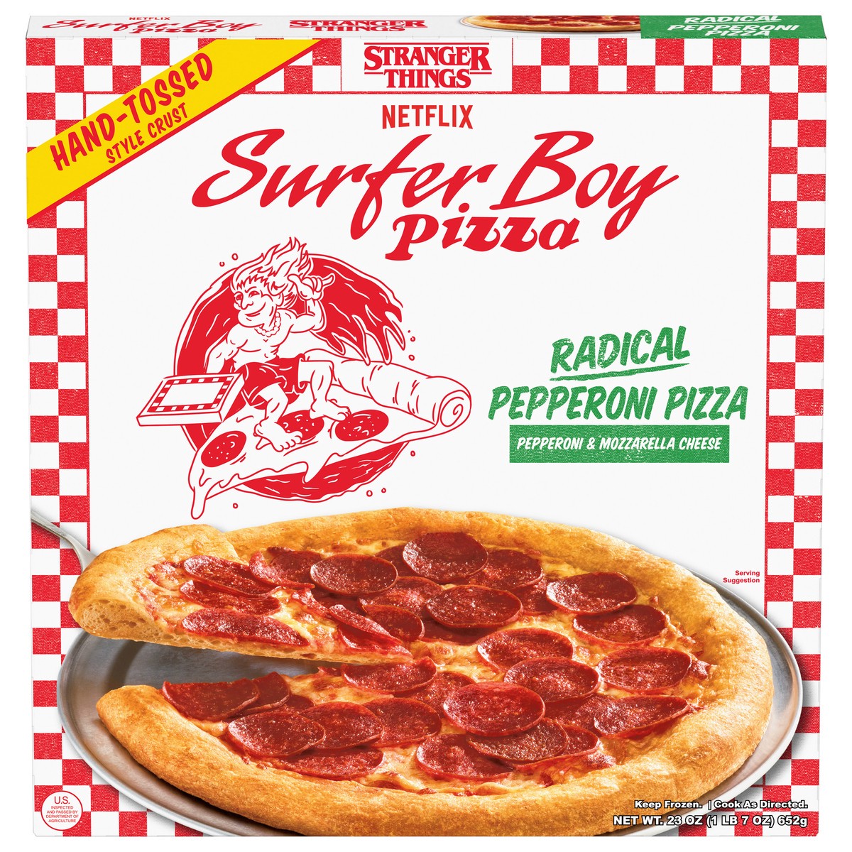 slide 1 of 14, Surfer Boy Pizza Hand-Tossed Style Crust Radical Pepperoni Pizza 23 oz, 1 ct