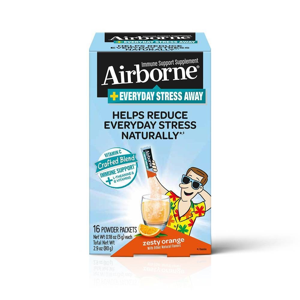 slide 1 of 1, Airborne Everyday Stress Away Zesty Orange Powder Packets, 16 ct