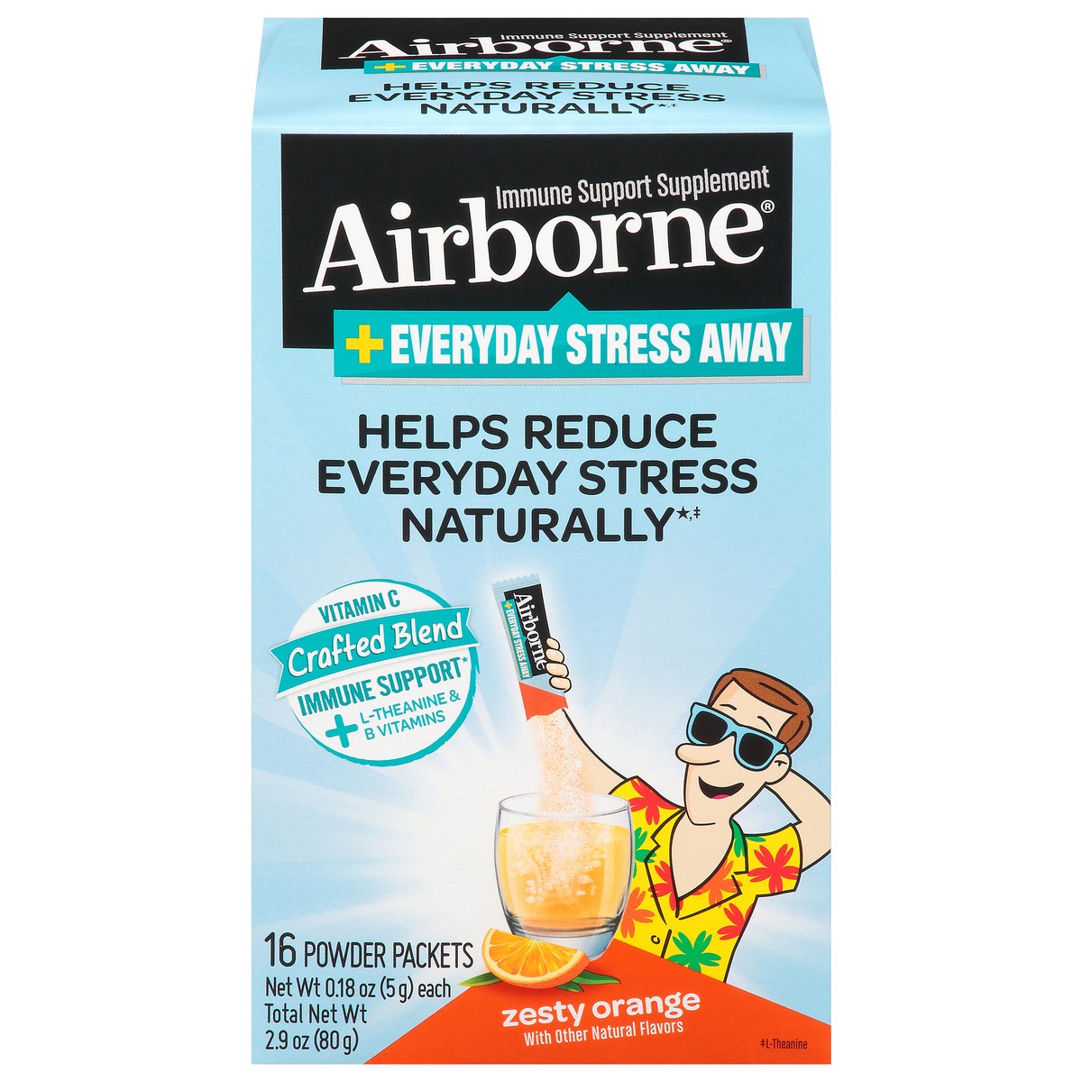 slide 1 of 11, Airborne Zesty Orange Immune Support + Everyday Stress Away Powder Packets 16- 0.18 oz Packets, 16 ct