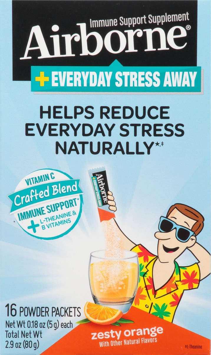 slide 1 of 11, Airborne Zesty Orange Immune Support + Everyday Stress Away Powder Packets 16- 0.18 oz Packets, 16 ct